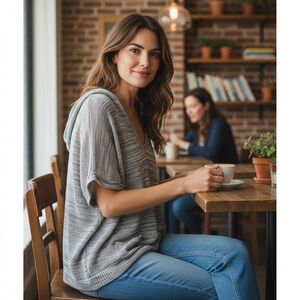 New York & Company Grey Short Sleeve Scoop Neck Relaxed Fit Sweater Knit Hoodie